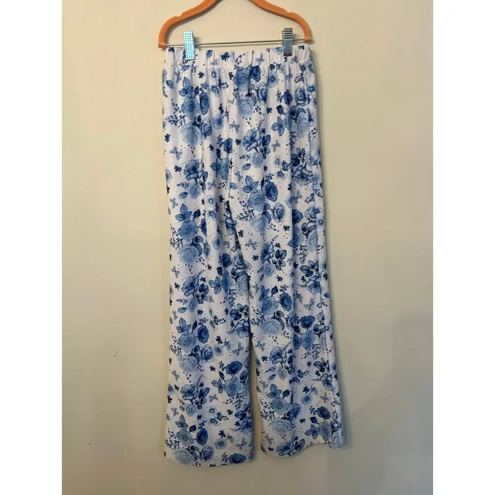 Tahari Girls Blue White Floral 2 Pc Matching Set Peplum Top Wide Leg Pants Sz 12